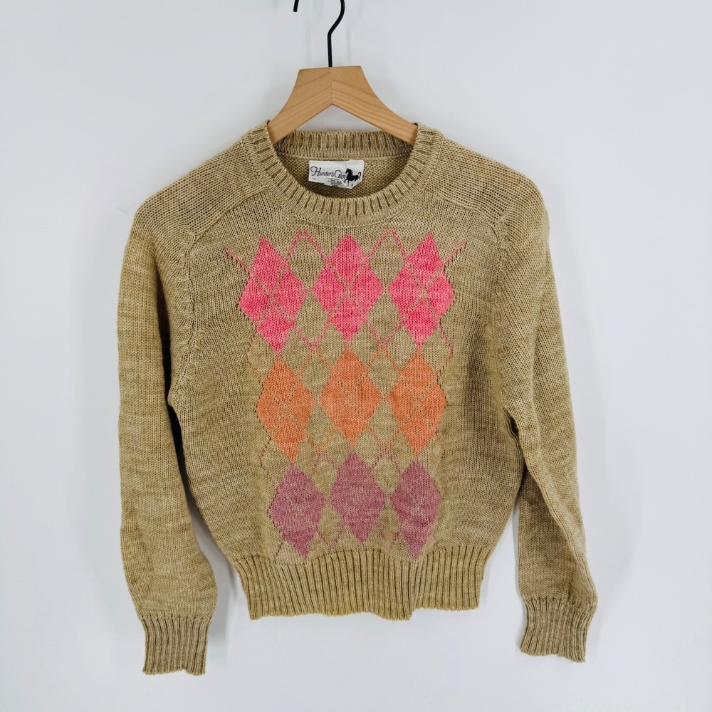 Vintage Hunter's Glen Tan Argyle Knit Sweater Size L Heritage Equestrian
